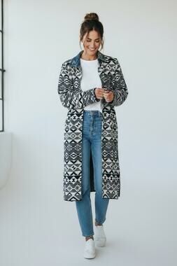 Robin Women's Long Open Front Cardigan Geometric Knit Denin Collar Size S Aztec